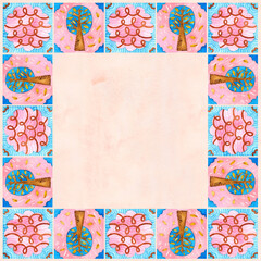 Watercolor pattern of colorful tiles, natural motifs. Frame from square mosaic illustration for home decoration, fabric or packaging. Napkin for cutlery.