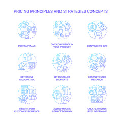 Pricing principles and strategies blue gradient concept icons set. Set customer segments idea thin line color illustrations. Isolated outline drawings. Roboto-Medium, Myriad Pro-Bold fonts used