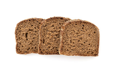 Three slice of grain black bread isolated on white, top view