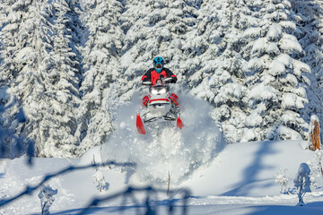 the snowmobile jumped out of the snow-covered forest. a sports snowmobiler in bright clothes and a helmet without brands, a colorful snowmobile of a new model