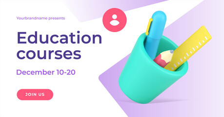 Education courses creative landing page stationery 3d icon and place for text vector illustration