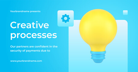 Creative process brainstorming innovation idea with lightbulb gear promo banner 3d icon vector