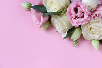 Spring board -white and pink  spring flowers eustoma  on pink background. Template for greeting cards for Mother's day, 8 march, Valentine's day, wedding , birthday cards , sales and advertising. 