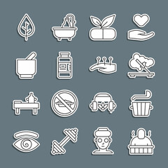 Set line Sauna and spa procedures, bucket ladle, Scented stick, Medical pill with plant, Collagen serum, Mortar pestle, Leaf and Acupuncture therapy icon. Vector