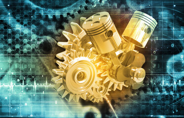 Engine pistons on technology background