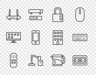 Set line Remote control, Electrical outlet, Safe combination lock, Robotic robot arm hand factory, Router wi-fi signal, Smartphone, kettle and Keyboard icon. Vector