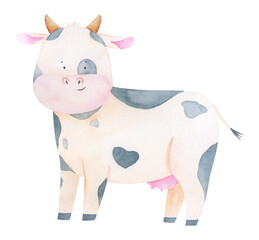 Watercolor cow isolated on white background. Cute farm animal illustration. Baby character funny animal for party, teaching, preschool graphics