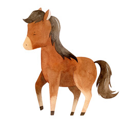 Watercolor horse isolated on white background. Cute farm animal illustration. Pony character funny animal for party, teaching, preschool  © NastiaVik