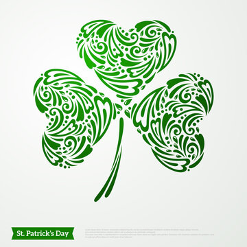 Green Clover Symbol of St Patrick's Day. Vector Illustration. Vintage ornamental leaf clover