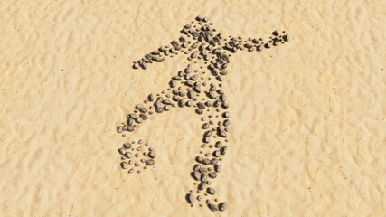 Concept conceptual stones on beach sand handmade symbol shape, golden sandy background, sign of a football player. 3d illustration metaphor for sport, competition, training,  relaxation, family, fun