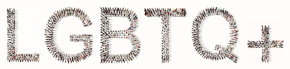 Concept  or conceptual large community of people forming LGBTQ message. 3d illustration metaphor for lgbtq community,   activism, diversity, gender, equality, tolerance, support and solidarity