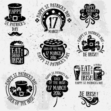 Set Of Happy St. Patrick's Day Typography Retro Style Emblems. Vector illustration. Irish Party Typographic Template. Patrick Day Menu Cover. Eat, Drink and be Irish. Black labels isolated on white