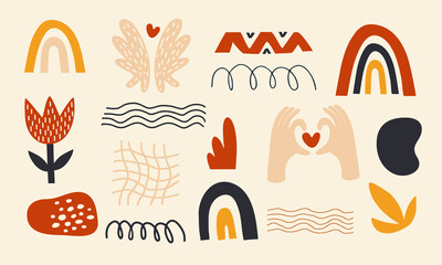 Fototapeta premium set of colorful abstract object shapes and textures for design in doodle style. valentine's day card
