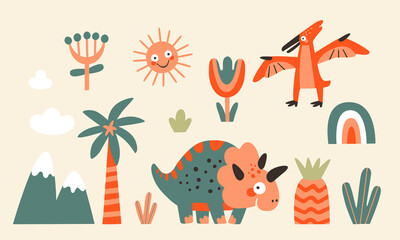vector collection dinosaurs and plants. dinosaur illustration - clipart set of cartoon animals. Characters for children's room and postcards.
