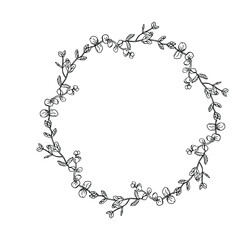 Circle wreath with leaves eucalyptus for wedding invite. loral ink drawn 