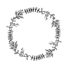 Circle wreath with leaves eucalyptus for wedding invite. loral ink drawn 