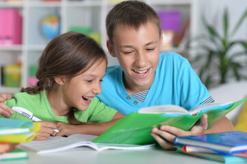 Brother and sister doing homework together