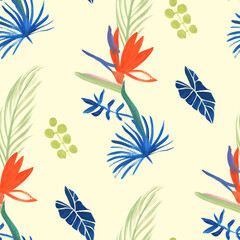 Seamless pattern with tropical flowers of royal strelitzia and leaves on a light yellow background. A modern multi-colored herbarium of dried flowers for summer textiles and surface design