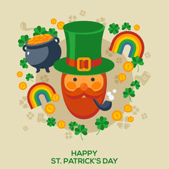 Happy St. Patrick's Day Greeting Card. Vector Illustration. Flat Patricks Day Signs and Symbols. Cute Leprechaun in Green Hat. Four Leaf Clover, Rainbow, Pot with gold coins. Flat Icons.