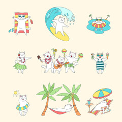 Collection of cute kittens on summer vacation. Illustrations of funny white cats enjoying the sea. Vector 10 EPS.