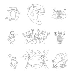 Collection of cute kittens on summer vacation. Illustrations of funny white cats enjoying the sea. Vector 10 EPS.