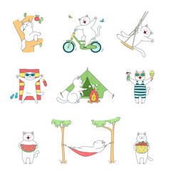 Collection of kittens enjoying summer. Cute illustrations of funny white cats sunbathing, riding a bike, swinging on a swing and eating fruits. Vector 10 EPS.