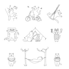 Obraz premium Collection of kittens enjoying summer. Cute illustrations of funny white cats sunbathing, riding a bike, swinging on a swing and eating fruits. Vector 10 EPS.