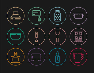 Set line Coffee cup, Gas stove, Grater, Blender, Bowl, Kitchen extractor fan, hammer and Electric mixer icon. Vector