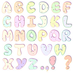 English alphabet with a pattern of small polka dots. Bright, calm design for children, school, learning