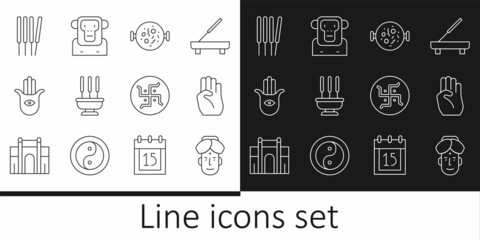 Set line Indian man, symbol hand, Chicken tikka masala, Incense sticks, Hamsa, Aroma incense, Hindu swastika and Monkey icon. Vector