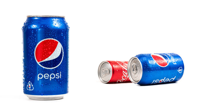 Kamenet - Podolsky, Ukraine - 12.01 2022: footage of tin can or metal bottle of Pepsi and coca cola  light taste on white background