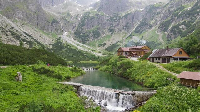 Aerial view of the lake Zelene pleso in the High Tatras in Slovakia