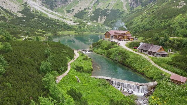 Aerial view of the lake Zelene pleso in the High Tatras in Slovakia