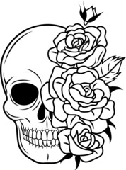 Skulls with flowers. Human skull portrait with floral wreath. Vector illustration isolated on white background.