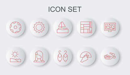 Set line Churros and chocolate, Beach, Yacht sailboat, Fan flamenco, Football ball, Sun, Spanish woman and Earrings icon. Vector