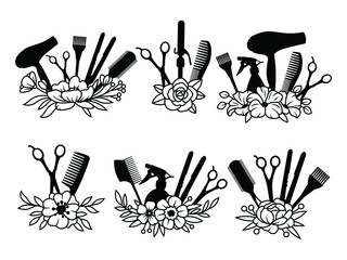 Set of hairdressing tools with flower. Collection of items for the salon with a floral wreath. Vector illustration for hairdressing salons. Logo design. Tattoo.