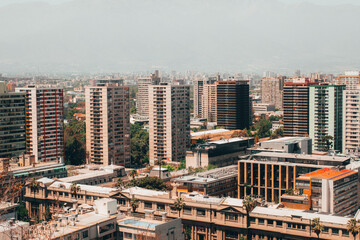 View of buildings in the downtown in Santiago de Chile with pollution in the environment
