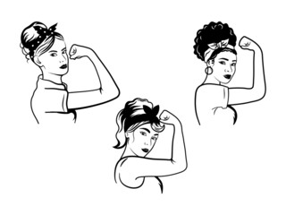 Set of strong girl in headband. Collection of classical american symbol of female power, women rights, etc. Rosie the Riveter. Portrait of pin-up girl. Vector illustration of woman in retro style.