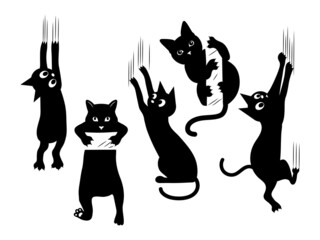 Set of black cats scratching the wall. Collection of silhouettes of funny kitten climbing the wall. Set of peeking cat. Vector illustration of a pet for kids. Tattoo.