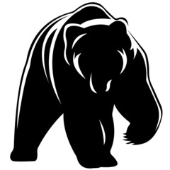 Silhouette, logo, outline of a northern walking bear in black, drawn with different lines. Vector isolated illustration