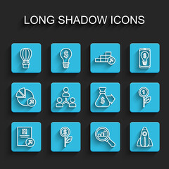 Set line Job promotion, Dollar plant, Hot air balloon, Magnifying glass and analysis, Startup project concept, Project team base, and Money bag icon. Vector
