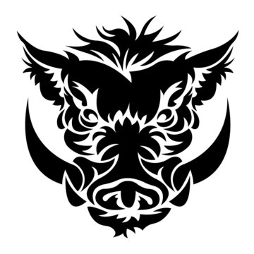 The silhouette of the muzzle of a wild boar, a wild pig is painted black in the Celtic style. The emblem of the hunting club. Boar logo, tattoos, mascot, keychain. Vector isolated illustration