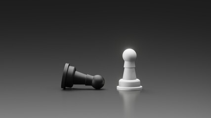 Standing white pawn in front falling black pawn with dark background. 3D illustration winner of one on one