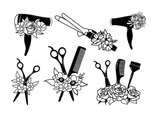 Set of hairdressing tools with flower. Collection of items for the salon with a floral wreath. Vector illustration for hairdressing salons. Logo design. Tattoo.