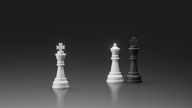 Standing white king in front of white queen and black king couple with dark background. 3D illustration of women affair in chess with copy space