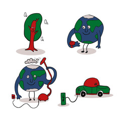 Set of Cartoon Pictures for Earth Day in Doodle Style