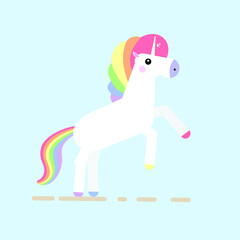 White unicorn head with rainbow mane and horn. Vector illustration.