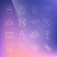 Set line Chest expander, Punching bag, Vitamin pill, Boxing training paws, Baseball ball, Award over sports winner podium, T-shirt with fight club MMA and Black karate belt icon. Vector