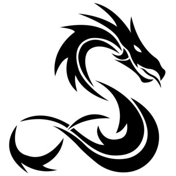 The silhouette of the dragon is painted in black color drawn with different lines. Fabulous animal dragon logo. Vector isolated illustration for design