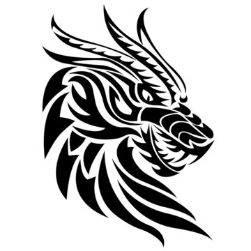The silhouette of the dragon's head is painted black with different lines. Dragon muzzle fairytale animal logo. Vector isolated illustration for design